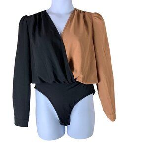 Breathe Blouse Bodysuit Size Large Black Brown V Neck Long Sleeved Snap Closure